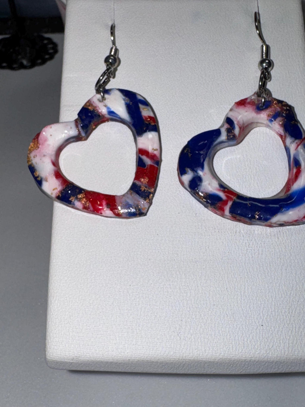 Heart Shaped Red White and Blue Clay Earrings