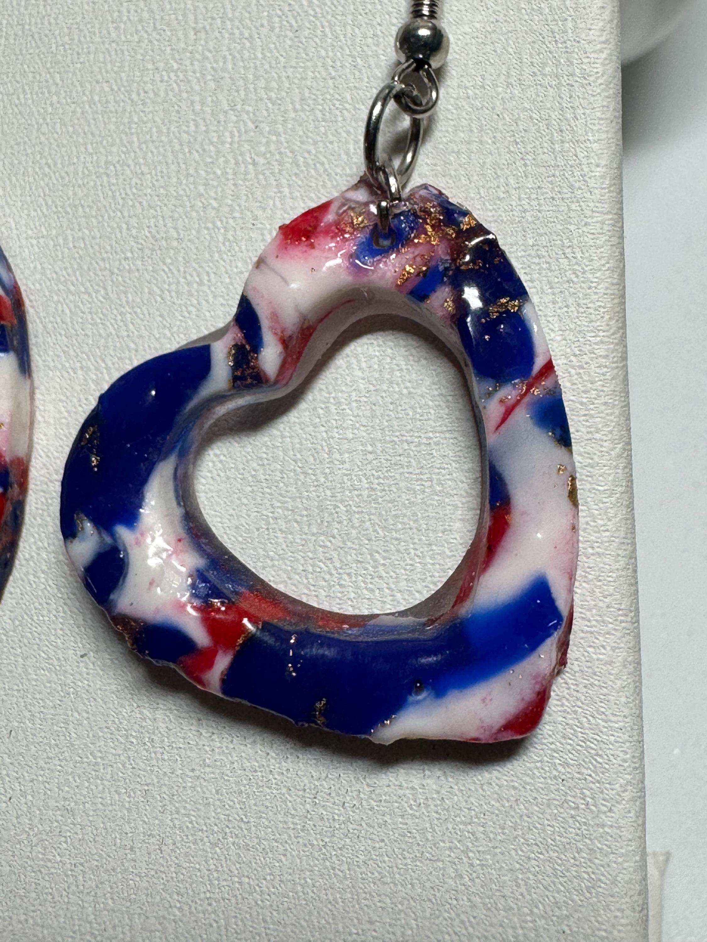 Heart Shaped Red White and Blue Clay Earrings