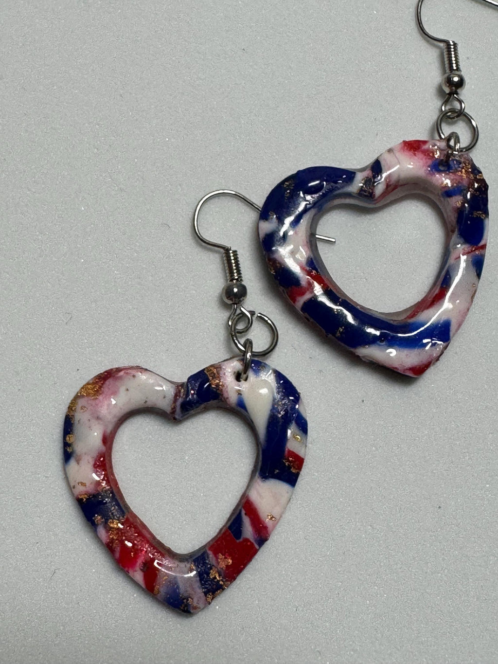 Heart Shaped Red White and Blue Clay Earrings