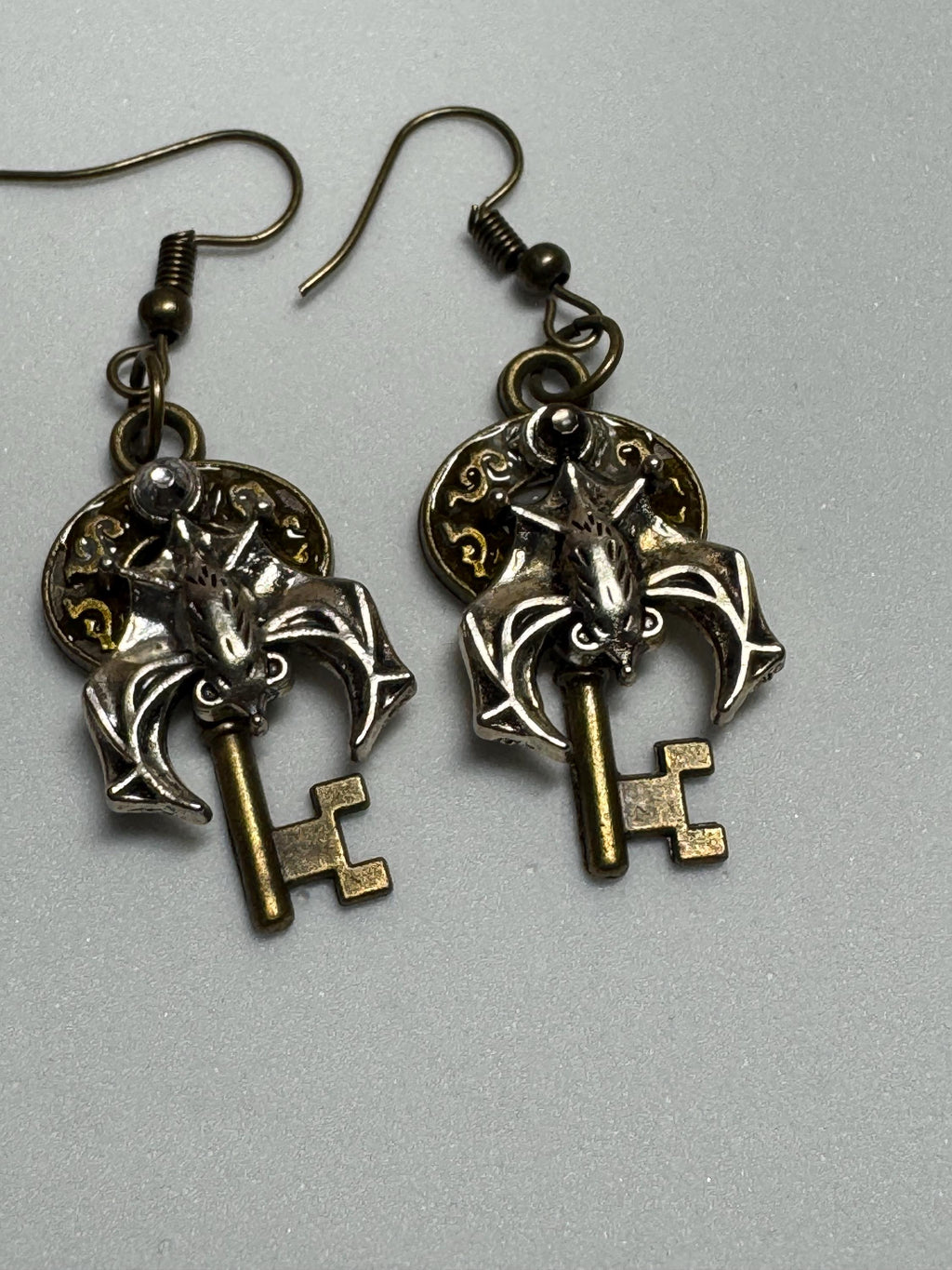 Metal Bat Earrings with Skeleton Key and Skull Earrings