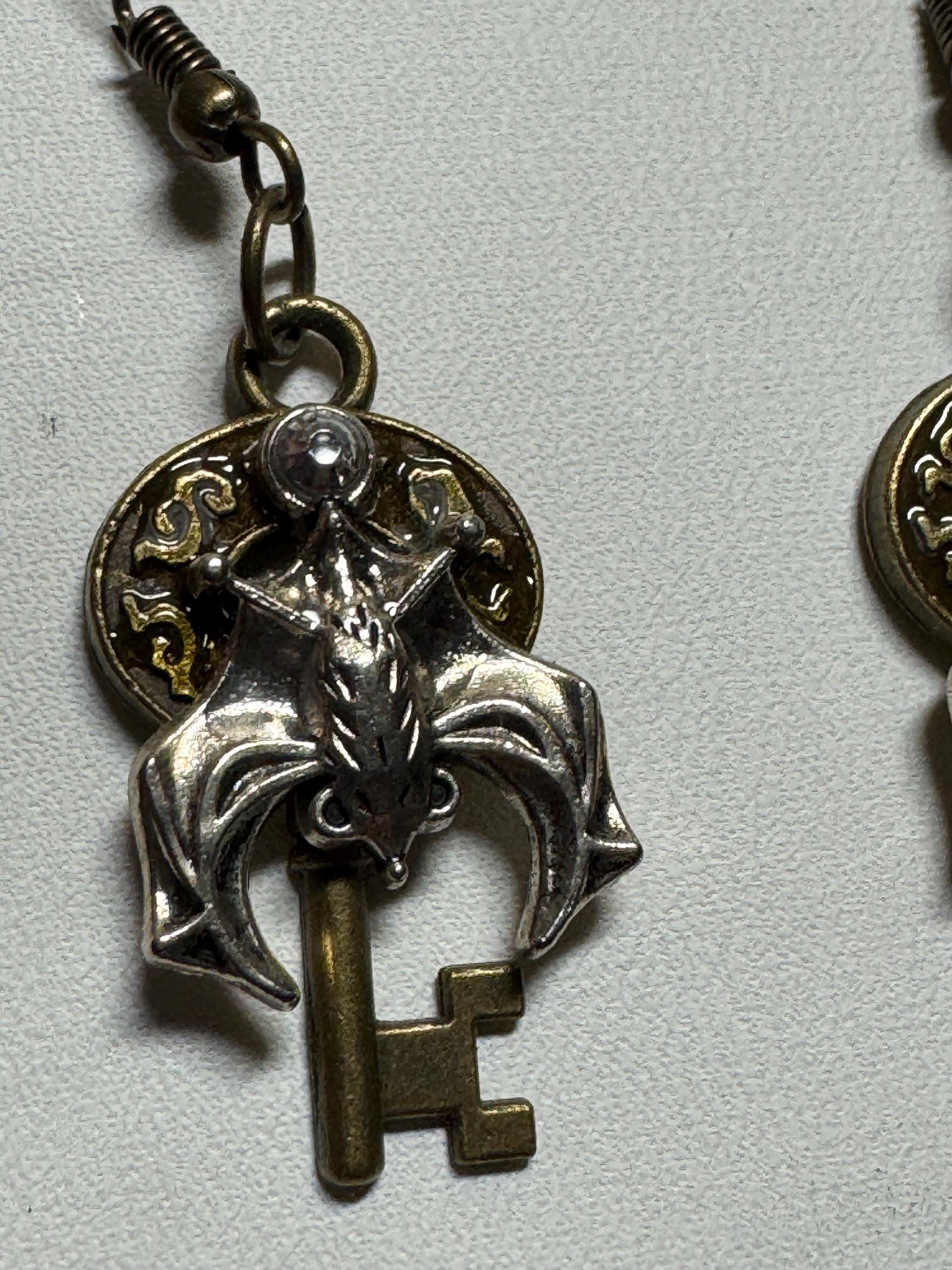 Metal Bat Earrings with Skeleton Key and Skull Earrings