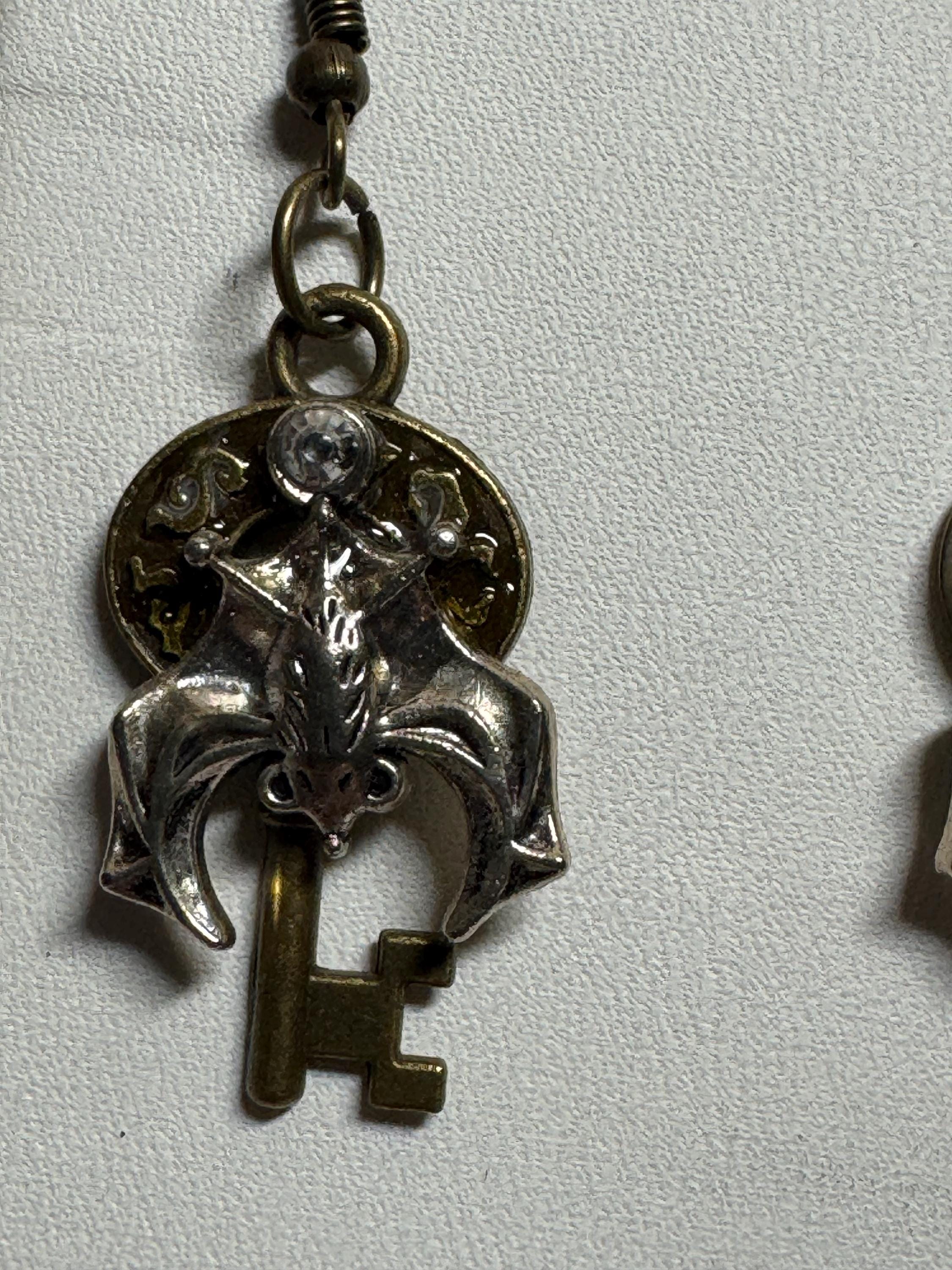 Metal Bat Earrings with Skeleton Key and Skull Earrings