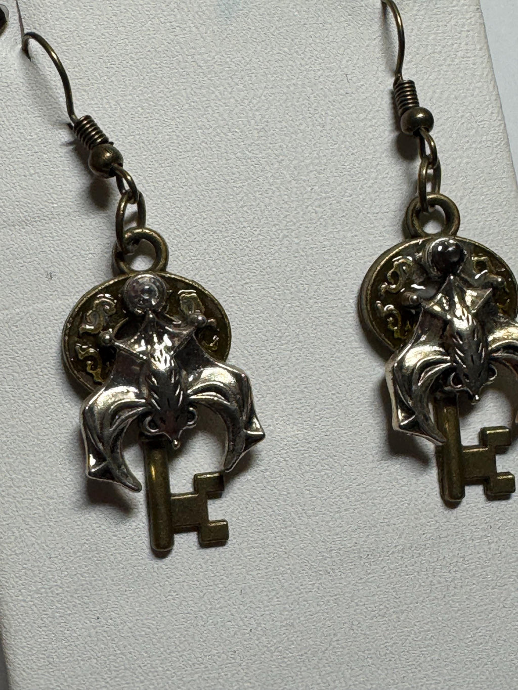 Metal Bat Earrings with Skeleton Key and Skull Earrings