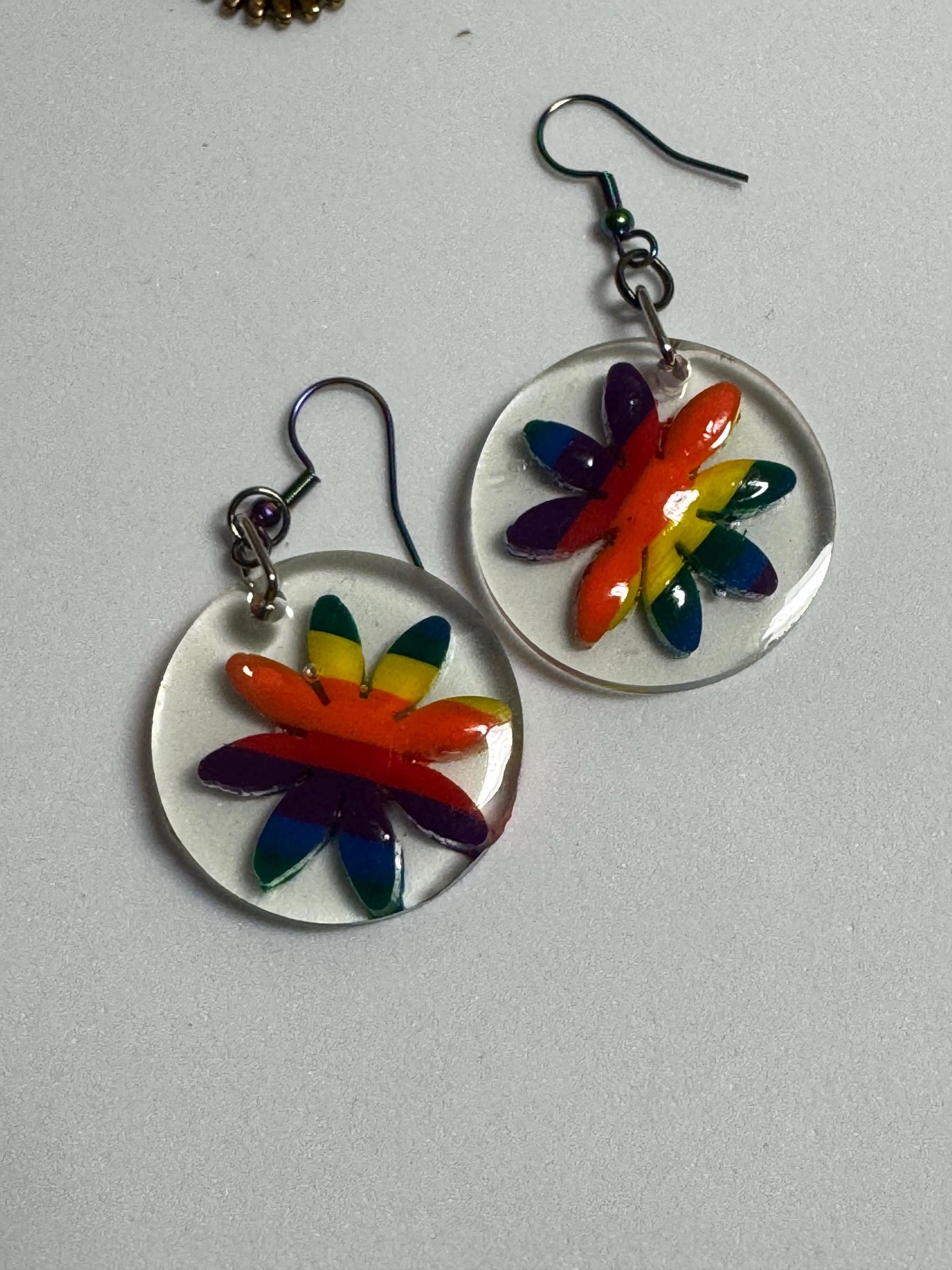Clay Rainbow Flower Set in a Resin Circle Earrings
