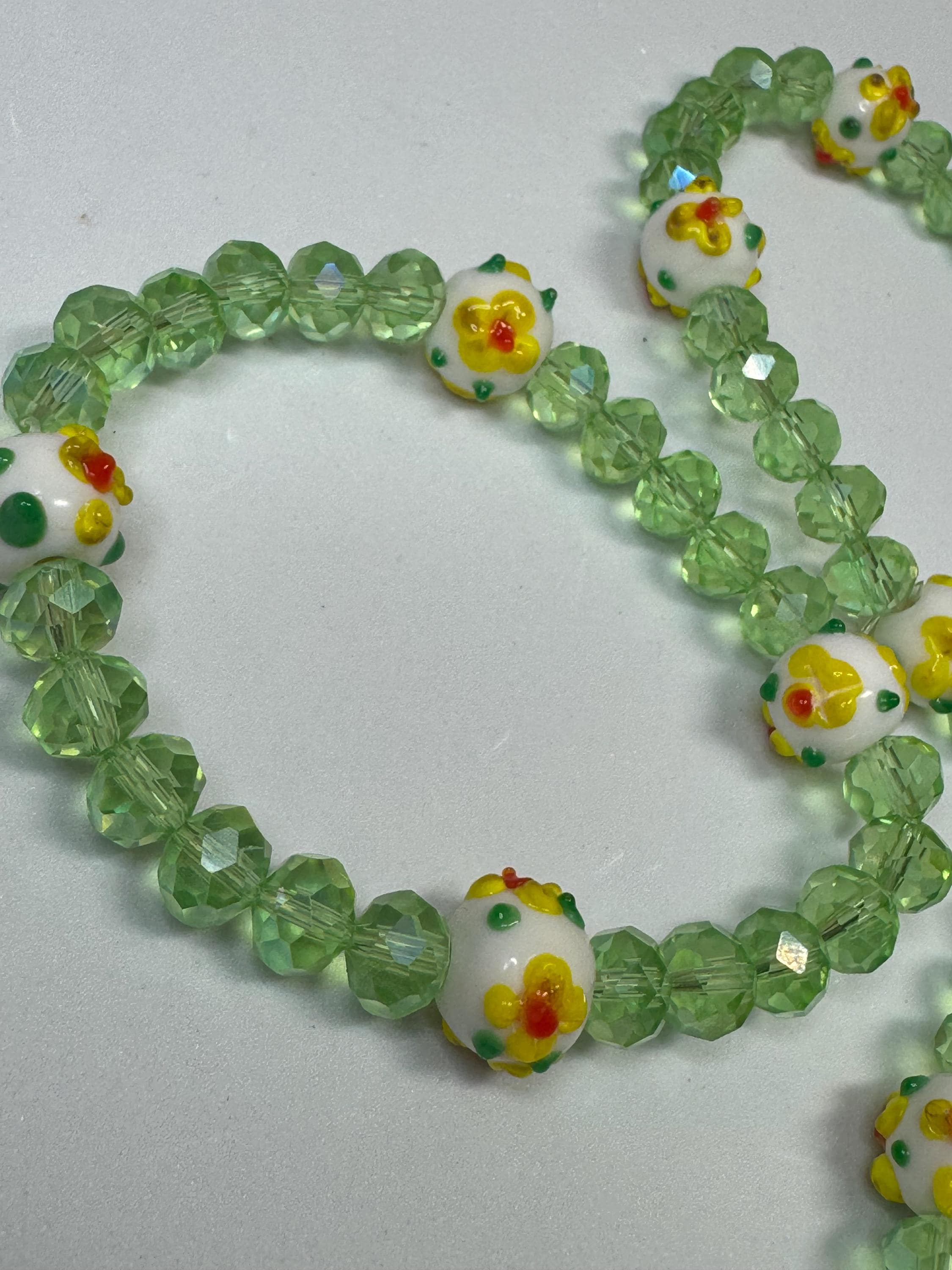 Sunflower or Rose and Green Beaded Stretchy Bracelets