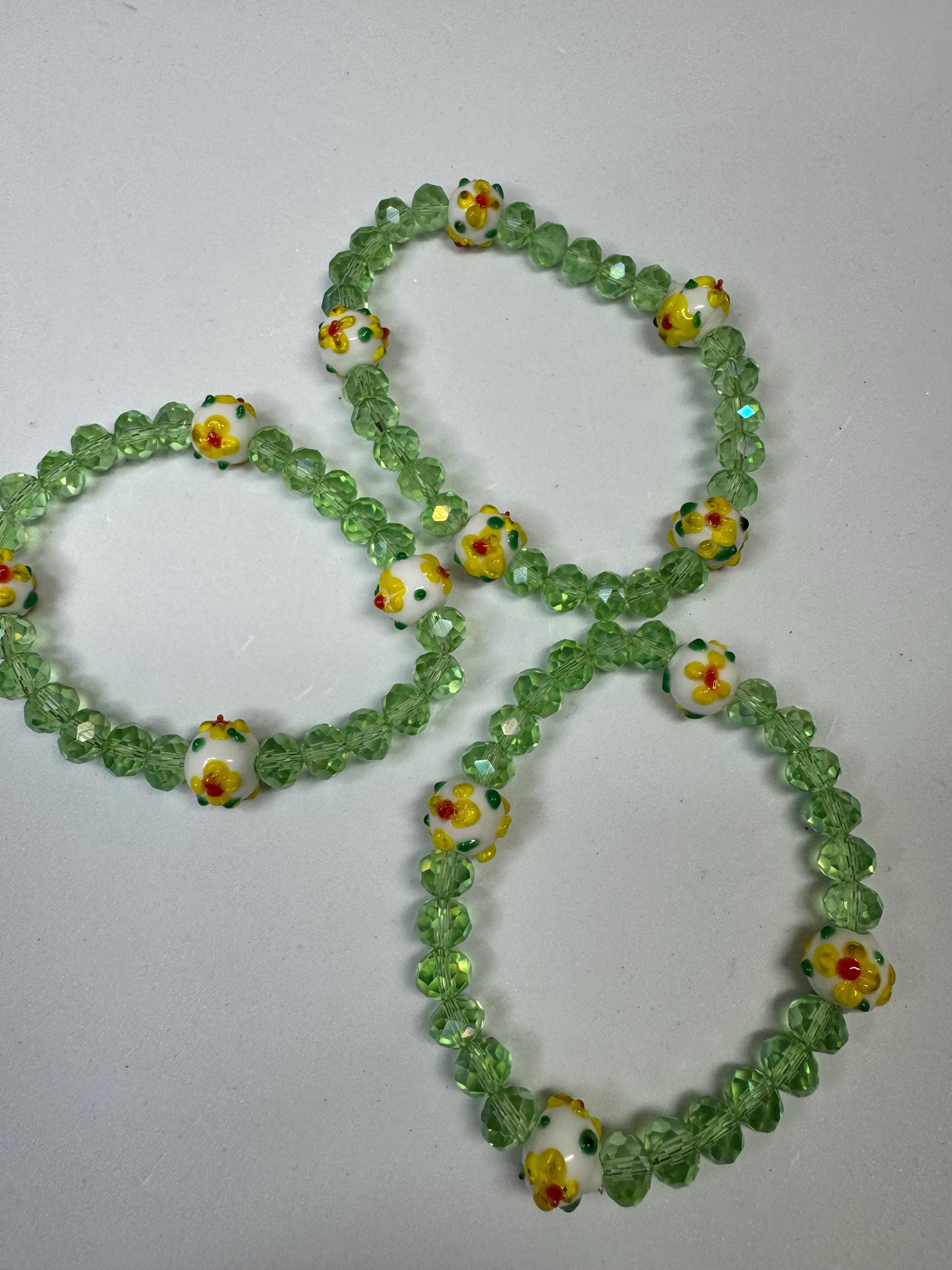 Sunflower or Rose and Green Beaded Stretchy Bracelets