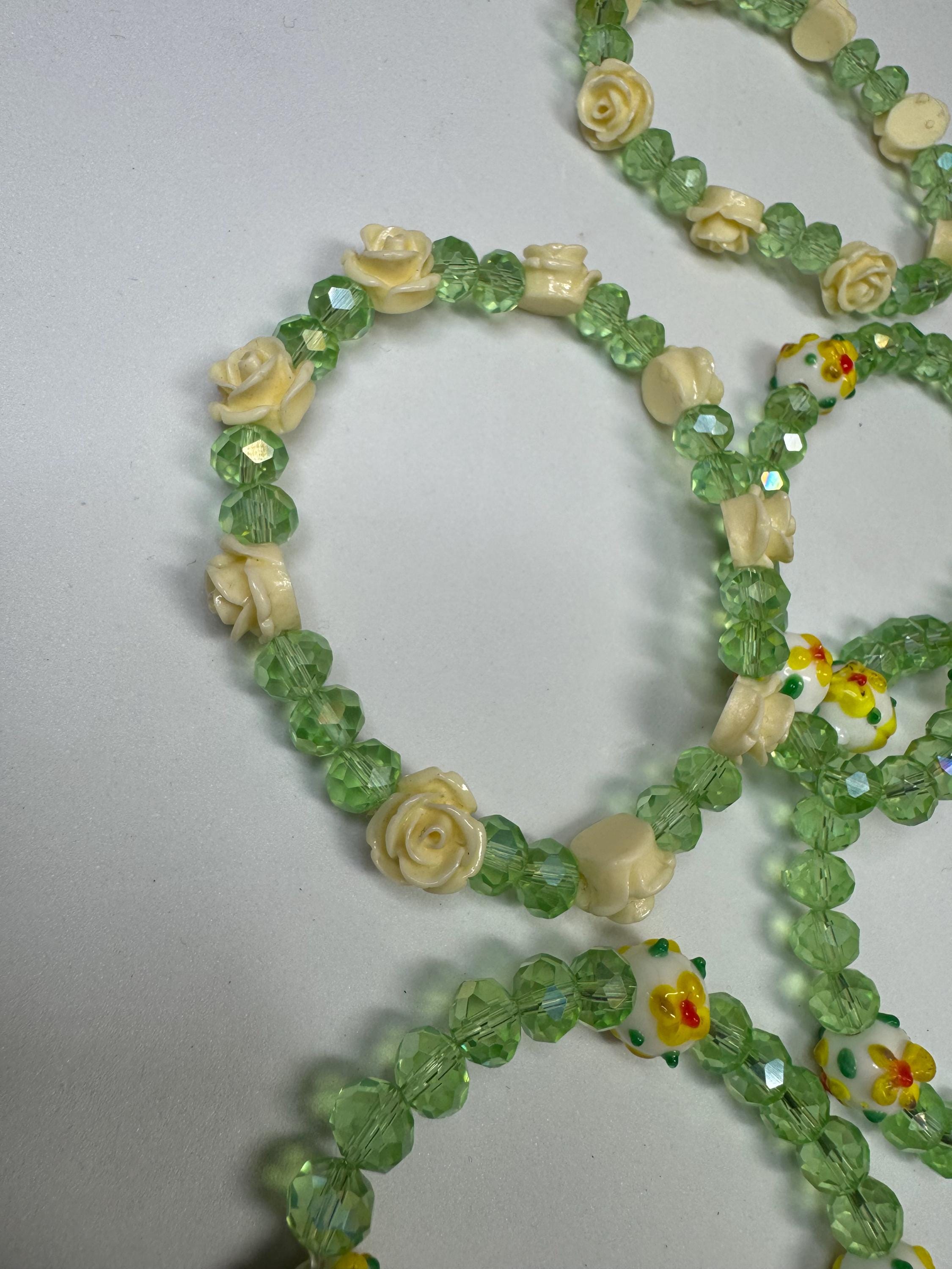 Sunflower or Rose and Green Beaded Stretchy Bracelets