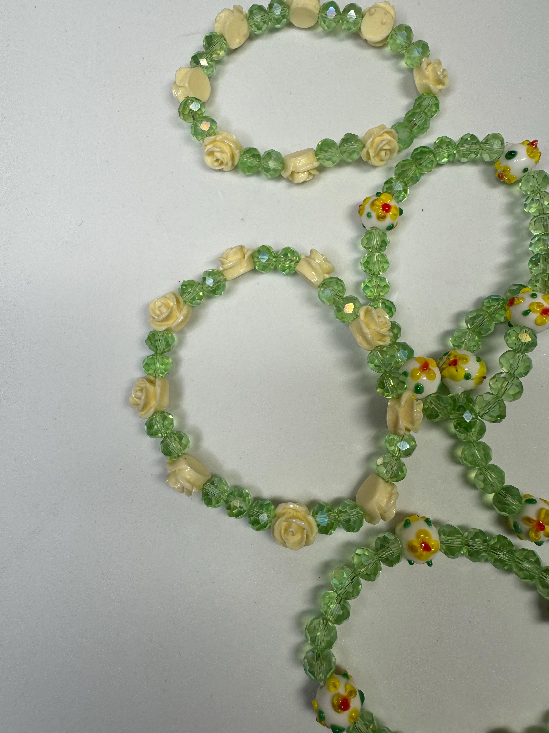 Sunflower or Rose and Green Beaded Stretchy Bracelets