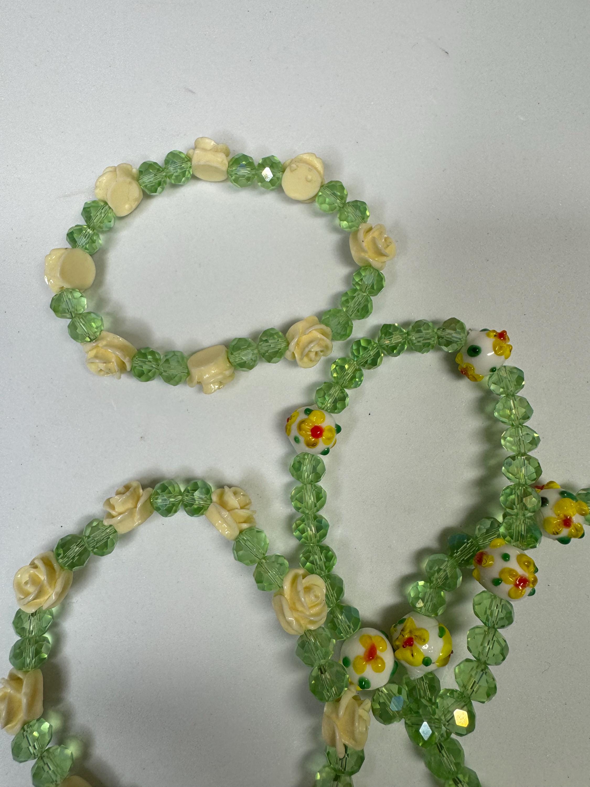 Sunflower or Rose and Green Beaded Stretchy Bracelets