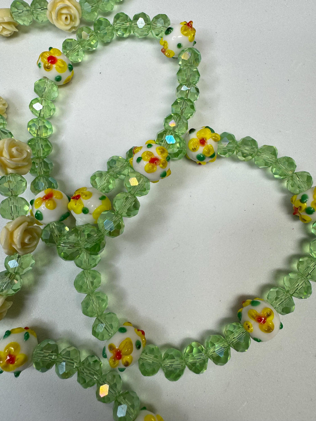 Sunflower or Rose and Green Beaded Stretchy Bracelets