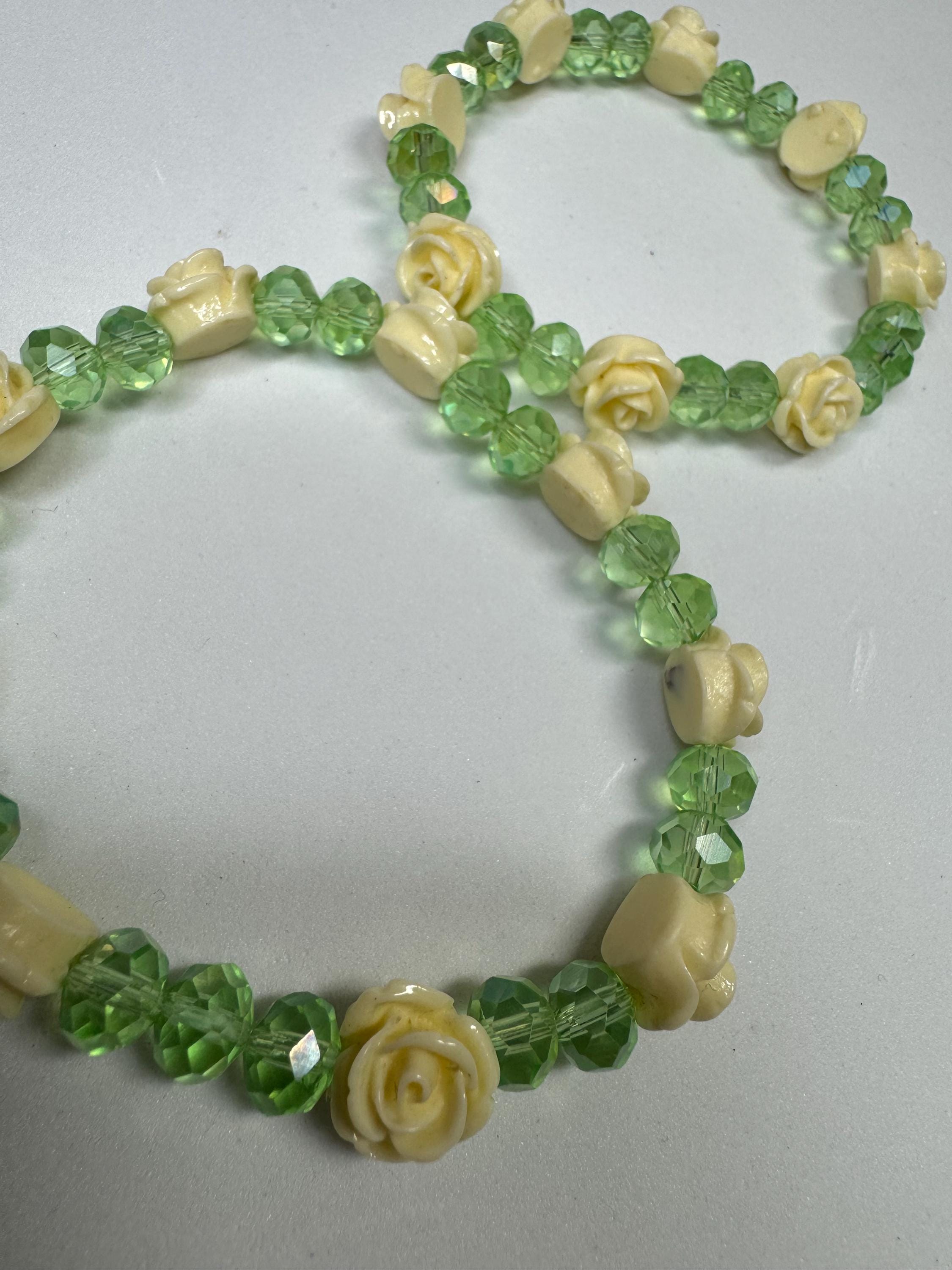 Sunflower or Rose and Green Beaded Stretchy Bracelets