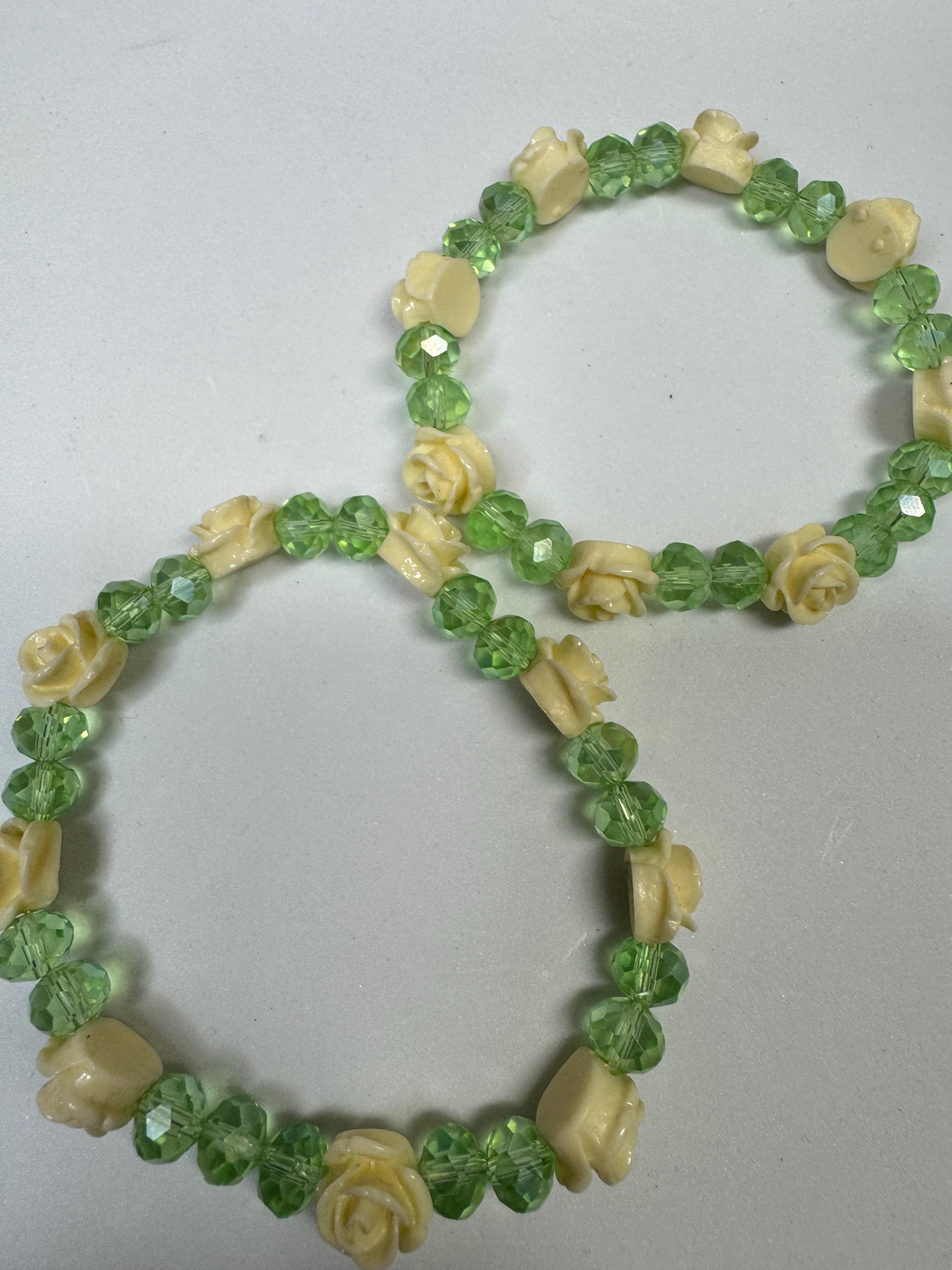 Sunflower or Rose and Green Beaded Stretchy Bracelets