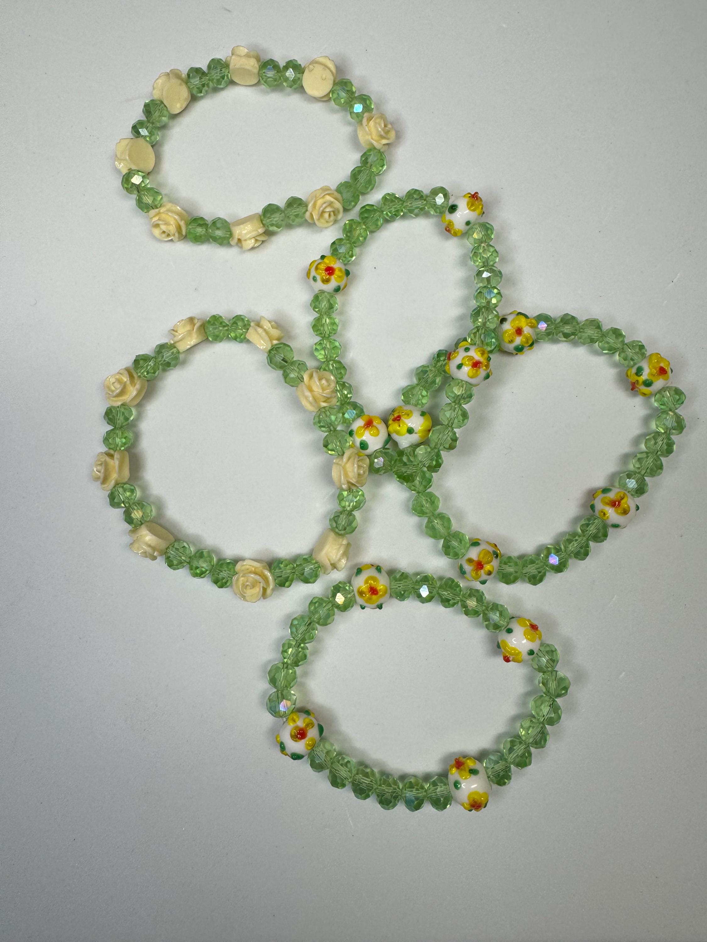Sunflower or Rose and Green Beaded Stretchy Bracelets